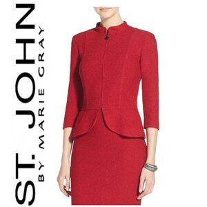 St John Knit Jacket Red Peplum Zip Textured Newport Blazer USA Size 10